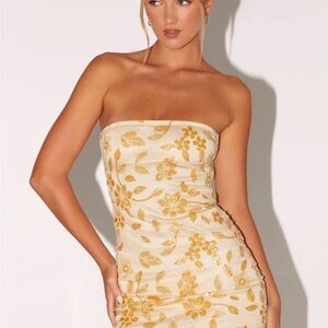 Peppermayo Strapless Dress in Gold and Cream